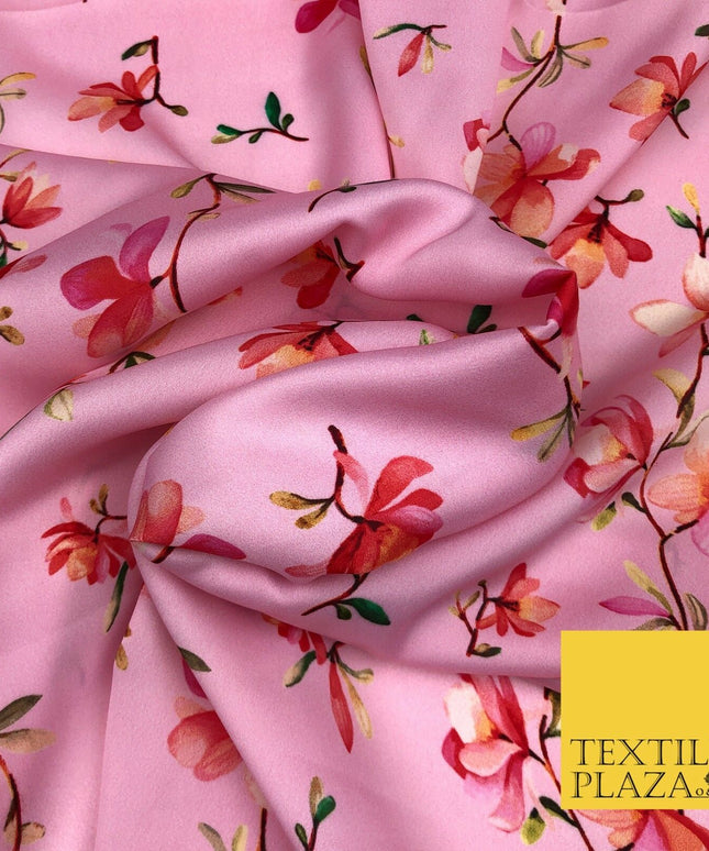 Bubblegum Pink Floral Silky Digital Print Satin Crepe Dress Fabric Trendy I1075