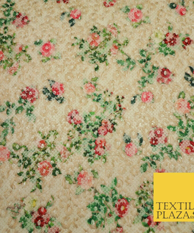 Peach Floral Digital Printed Embroidered Net Lace Dress Fabric Fashion 1763