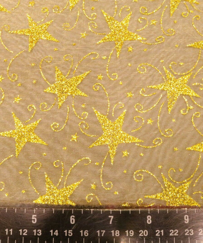 Glitter Star Organdi (Organza) Christmas Fabric 100% Nylon - GOLD RE49