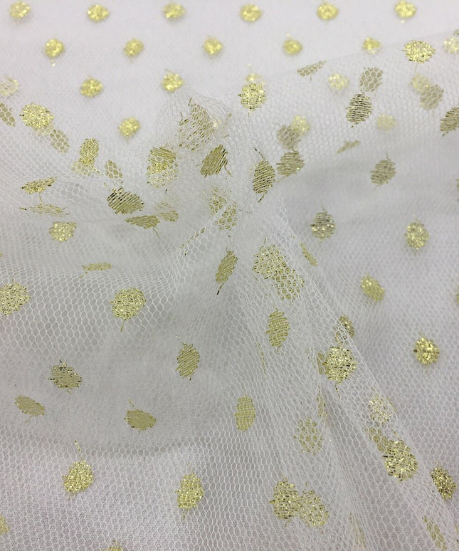 Sparkle Spot Print Mesh Fabric - 100% Polyester- Per Metre - GOLD/WHITE - RE88