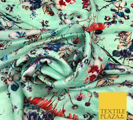 Mint Floral Watercolour Silky DigitalPrint Satin Crepe Dress Fabric Trendy I1080