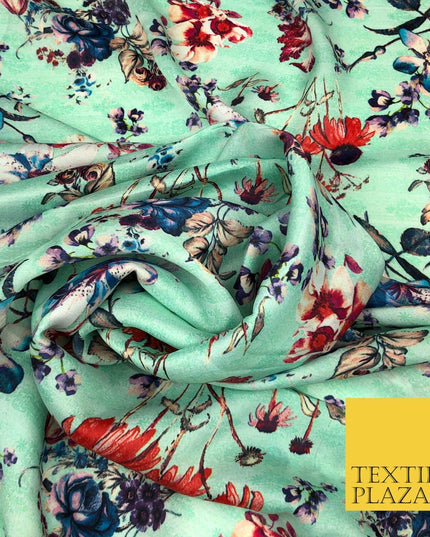 Mint Floral Watercolour Silky DigitalPrint Satin Crepe Dress Fabric Trendy I1080