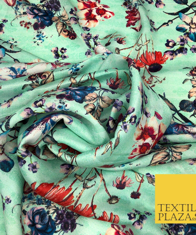 Mint Floral Watercolour Silky DigitalPrint Satin Crepe Dress Fabric Trendy I1080