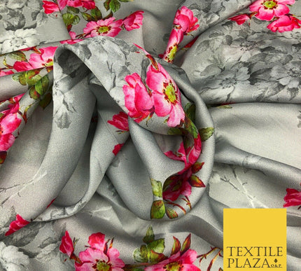 Grey Floral Cluster Silky Digital Print Satin Crepe Dress Fabric Trendy I1070