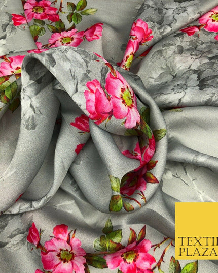 Grey Floral Cluster Silky Digital Print Satin Crepe Dress Fabric Trendy I1070