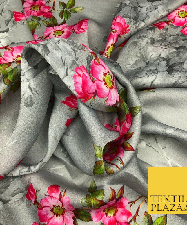 Grey Floral Cluster Silky Digital Print Satin Crepe Dress Fabric Trendy I1070