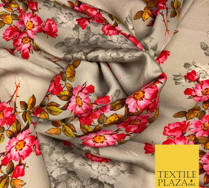 Gold Floral Cluster Silky Digital Print Satin Crepe Dress Fabric Trendy I1079