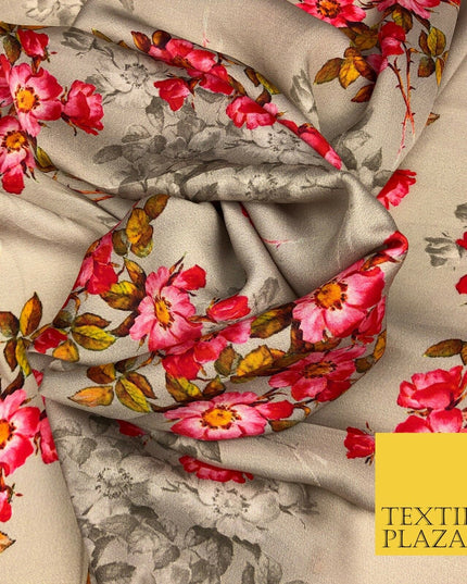 Gold Floral Cluster Silky Digital Print Satin Crepe Dress Fabric Trendy I1079