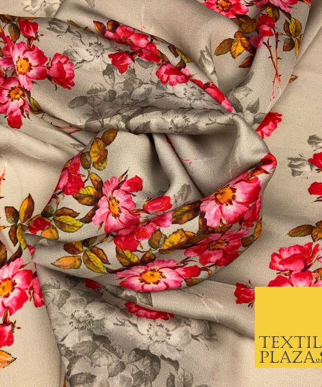 Gold Floral Cluster Silky Digital Print Satin Crepe Dress Fabric Trendy I1079