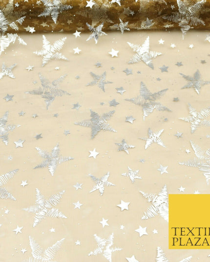 GINGER BRONZE Silver Metallic Foil Stars Organdy Organza Fabric Dress Craft 1543
