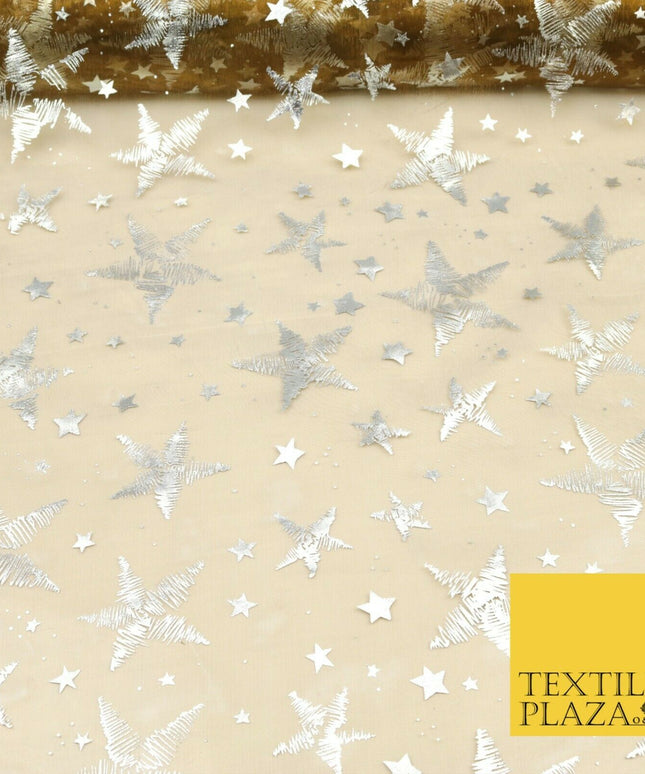 GINGER BRONZE Silver Metallic Foil Stars Organdy Organza Fabric Dress Craft 1543