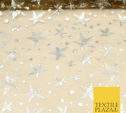 GINGER BRONZE Silver Metallic Foil Stars Organdy Organza Fabric Dress Craft 1543