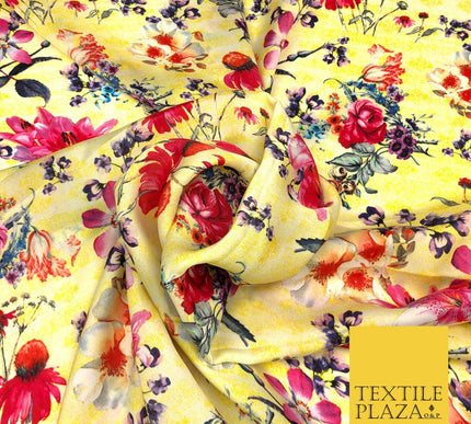 Yellow Summer Floral Silky Digital Print Satin Crepe Dress Fabric Trendy I1069