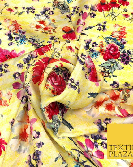 Yellow Summer Floral Silky Digital Print Satin Crepe Dress Fabric Trendy I1069