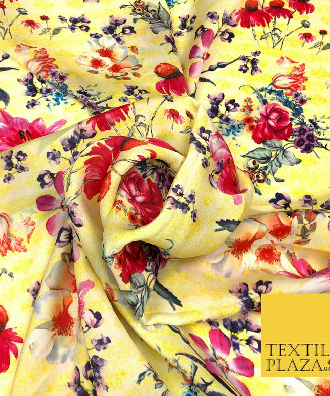 Yellow Summer Floral Silky Digital Print Satin Crepe Dress Fabric Trendy I1069