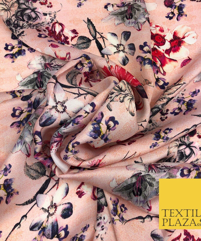 Pink Floral Watercolour Silky DigitalPrint Satin Crepe Dress Fabric Trendy I1082