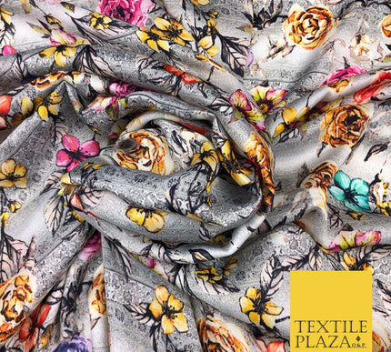 Grey Intense Floral Silky Digital Print Satin Crepe Dress Fabric Trendy I1078