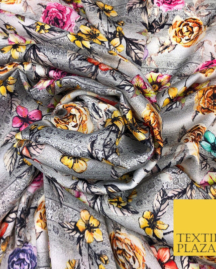 Grey Intense Floral Silky Digital Print Satin Crepe Dress Fabric Trendy I1078