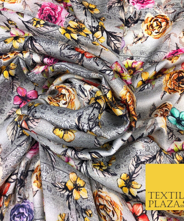Grey Intense Floral Silky Digital Print Satin Crepe Dress Fabric Trendy I1078