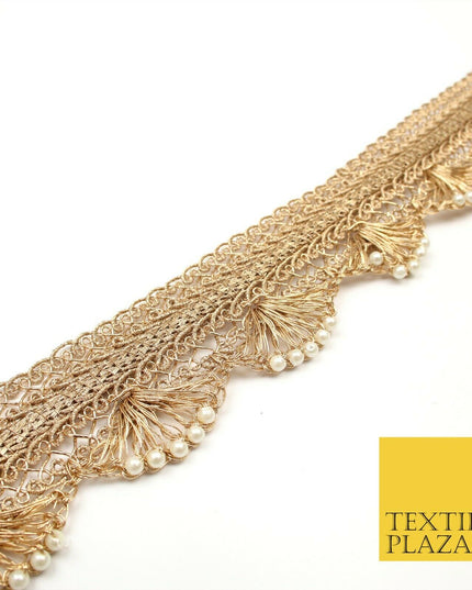 Light Gold Intricate Pearl Swag Trimming Border Ethnic Pankhi Scallop X309