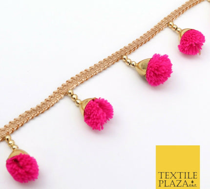 HOT PINK Pom Pom Tassels Indian Woven Gold Trim Ribbon Border Lace Ethnic X261