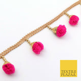 HOT PINK Pom Pom Tassels Indian Woven Gold Trim Ribbon Border Lace Ethnic X261
