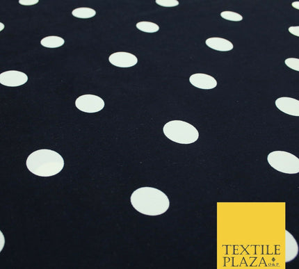Navy Blue Ivory Spot Polka Dot Printed 100% Polyester Peachskin Dress Fabric1953