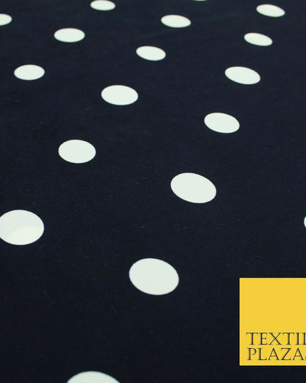 Navy Blue Ivory Spot Polka Dot Printed 100% Polyester Peachskin Dress Fabric1953