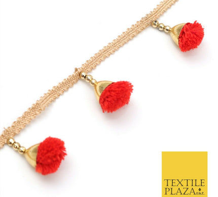 RED Pom Pom Tassels Indian Woven Gold Trim Ribbon Border Lace Ethnic X259