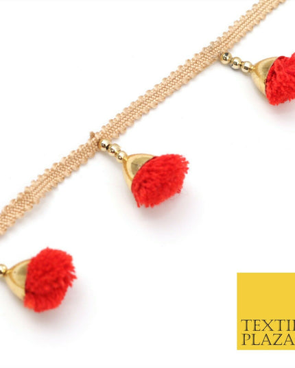 RED Pom Pom Tassels Indian Woven Gold Trim Ribbon Border Lace Ethnic X259