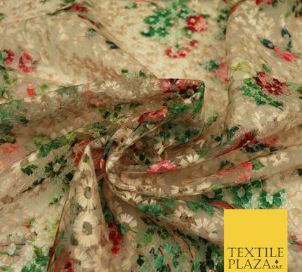 Peach Floral Digital Printed Embroidered Net Lace Dress Fabric Fashion 1763