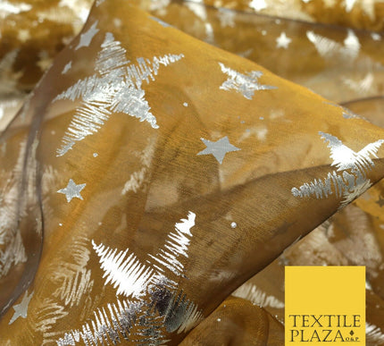 GINGER BRONZE Silver Metallic Foil Stars Organdy Organza Fabric Dress Craft 1543