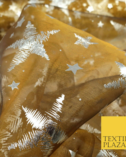 GINGER BRONZE Silver Metallic Foil Stars Organdy Organza Fabric Dress Craft 1543