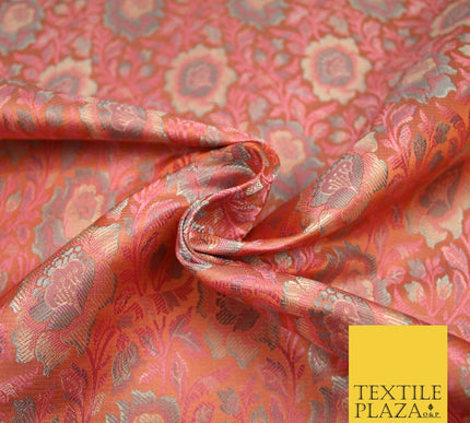 Peach Luxury Ornate Floral PURE Benarsi Brocade Woven Fine Dress FabricFancy1761