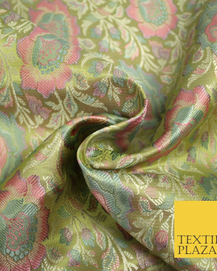 Green Luxury Ornate Floral PURE Benarsi Brocade Woven Fine Dress FabricFancy1762