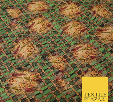 Unusual Bold Abstract Green Check Floral Digital Print Faux Raw Silk Fabric 3018