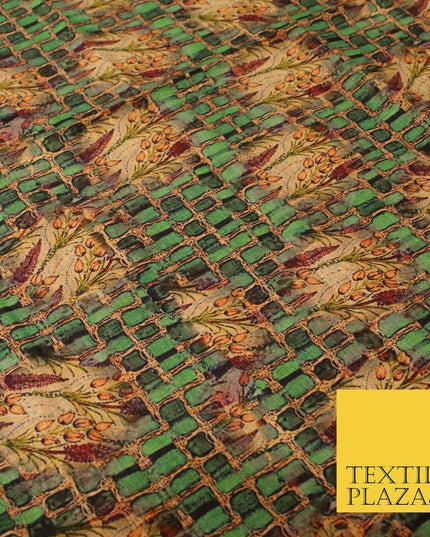 Unusual Bold Abstract Green Check Floral Digital Print Faux Raw Silk Fabric 3018