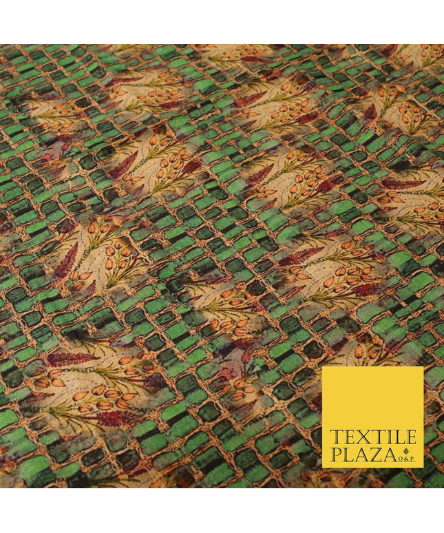 Unusual Bold Abstract Green Check Floral Digital Print Faux Raw Silk Fabric 3018