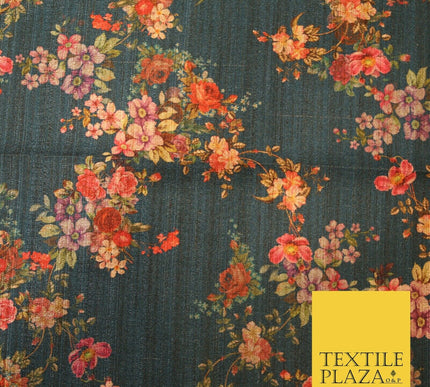 Dark Teal Floating Floral Allover Digital Print Faux Raw Silk Dress Fabric 3011