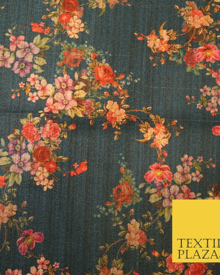 Dark Teal Floating Floral Allover Digital Print Faux Raw Silk Dress Fabric 3011