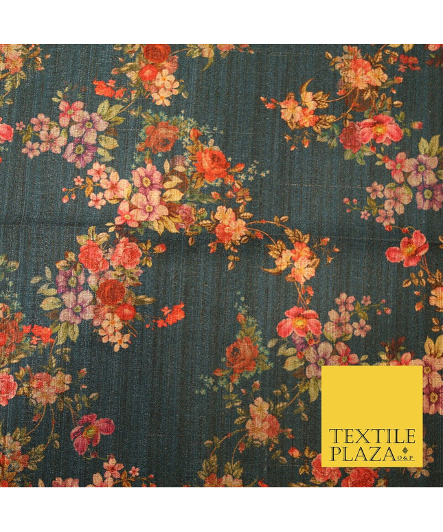 Dark Teal Floating Floral Allover Digital Print Faux Raw Silk Dress Fabric 3011