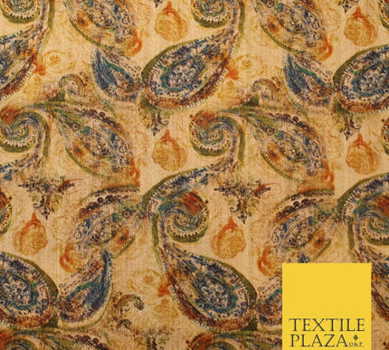 Gold Khaki Paisley Indian Digital Print Faux Raw Silk Vintage Dress Fabric 3021