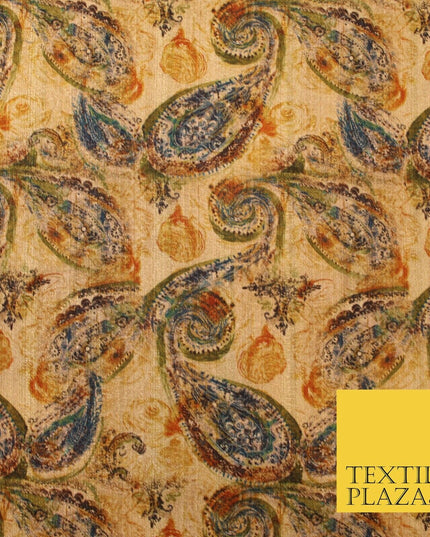Gold Khaki Paisley Indian Digital Print Faux Raw Silk Vintage Dress Fabric 3021