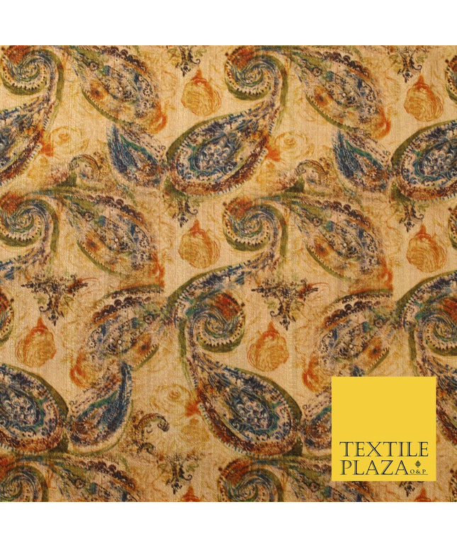 Gold Khaki Paisley Indian Digital Print Faux Raw Silk Vintage Dress Fabric 3021