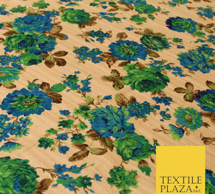 Gold Green Turquoise Blue Floral Digital Print Faux Raw Silk Dress Fabric 3019