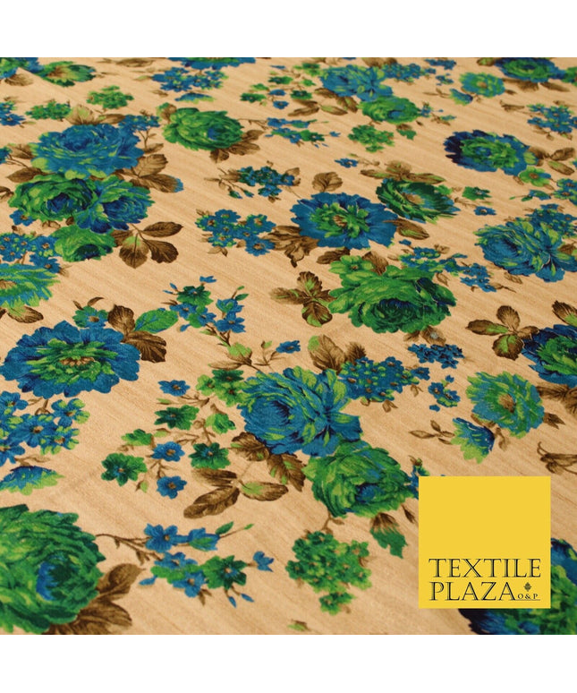 Gold Green Turquoise Blue Floral Digital Print Faux Raw Silk Dress Fabric 3019