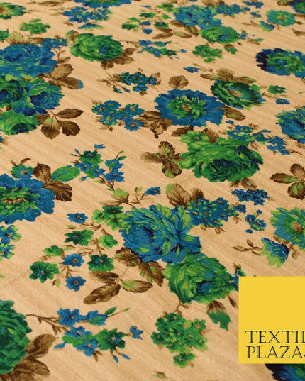 Gold Green Turquoise Blue Floral Digital Print Faux Raw Silk Dress Fabric 3019