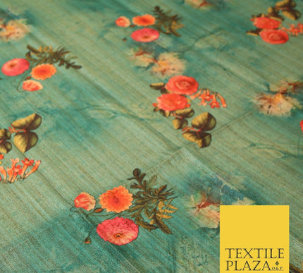 Jade Sea Green Blue Floral Bunch Cluster Digital Print Faux Raw Silk Fabric 3014