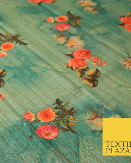 Jade Sea Green Blue Floral Bunch Cluster Digital Print Faux Raw Silk Fabric 3014