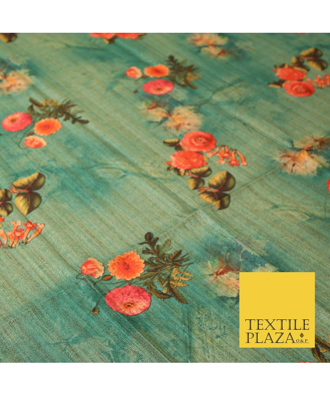 Jade Sea Green Blue Floral Bunch Cluster Digital Print Faux Raw Silk Fabric 3014